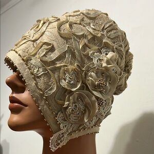 Chic Beige Embroidered  Beaded Cloche Hat